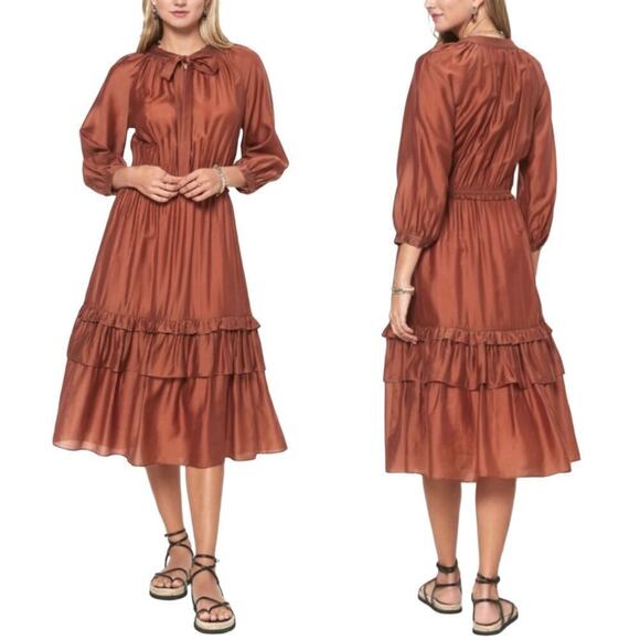 Current Air Anthropologie Tiered Tamra Midi Dress in Cognac Size Large Western - Picture 1 of 11